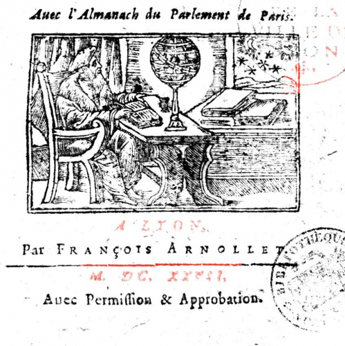 Page de titre de la Perle des almanachs représentant un astrologue assis à sa table de travail